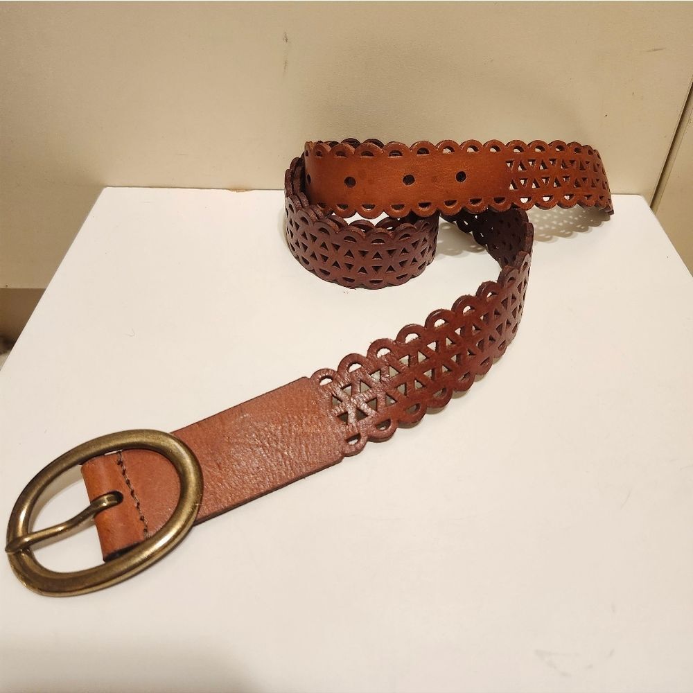 New Lucky Brand Brown Leather Open-weave Belt Sz.S (Adjustable to 38") Ret.$89